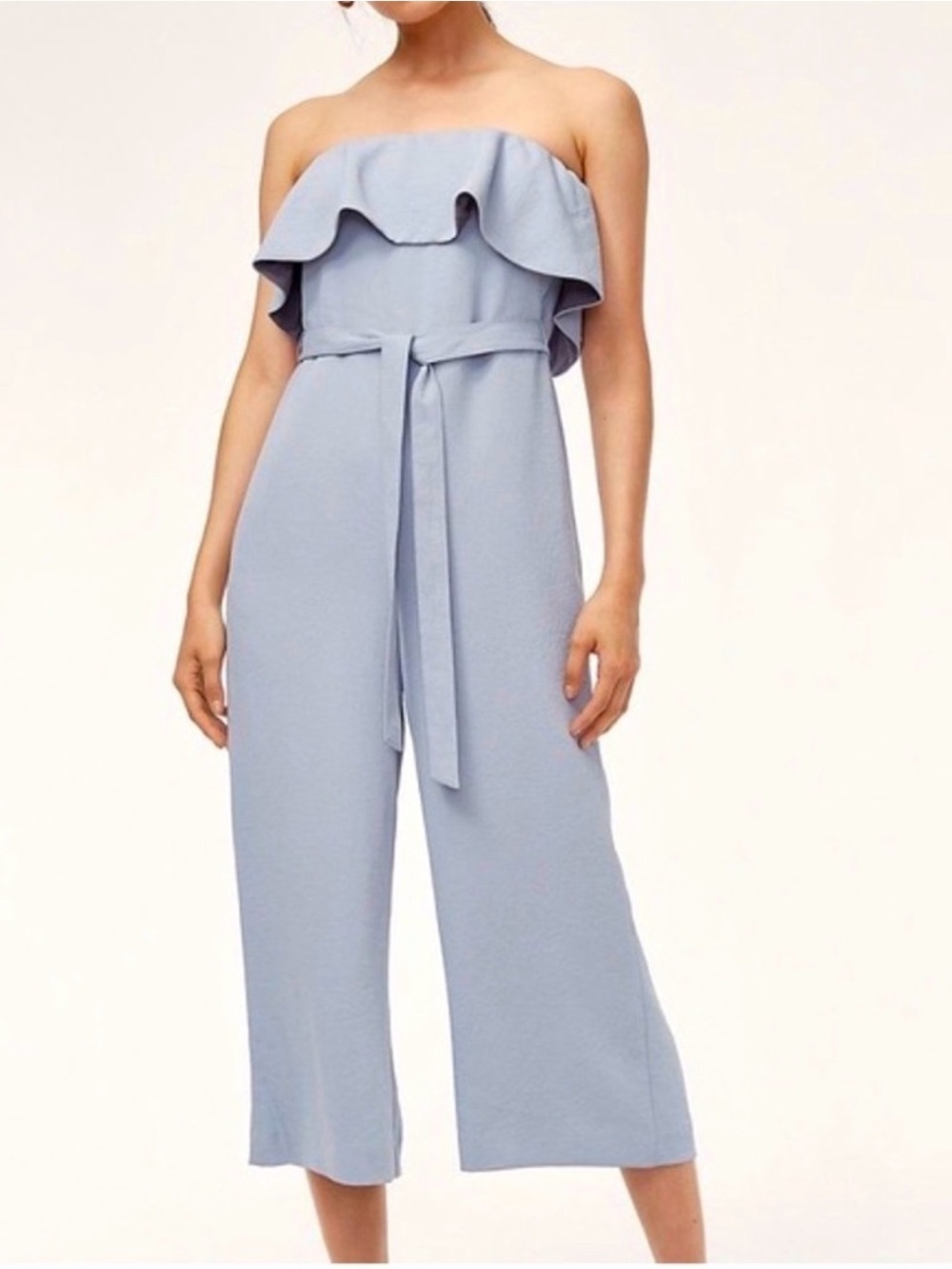 Aritzia babaton flutter strapless blue ruffle cropped wide leg jumpsuit size 2